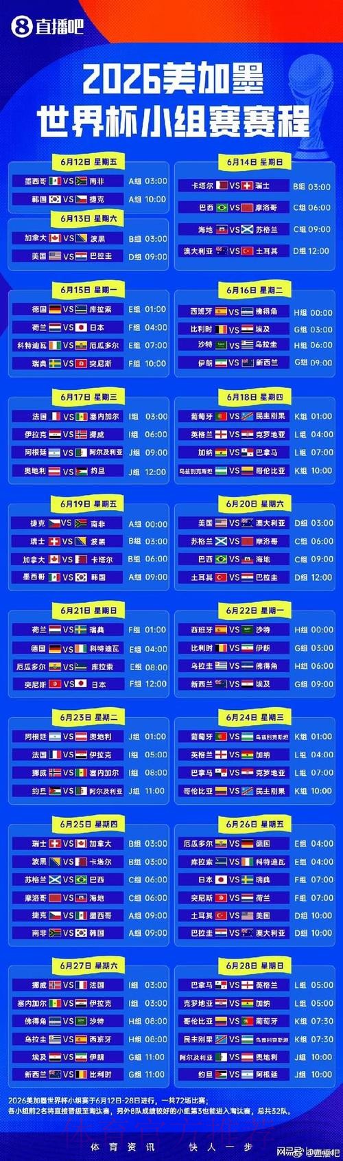 2026世界杯小组赛赛程今日全程直播实时查看